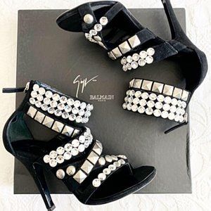 Giuseppe Zanotti x Balmain Black Suede Rhinestone Evening Sandals Heels